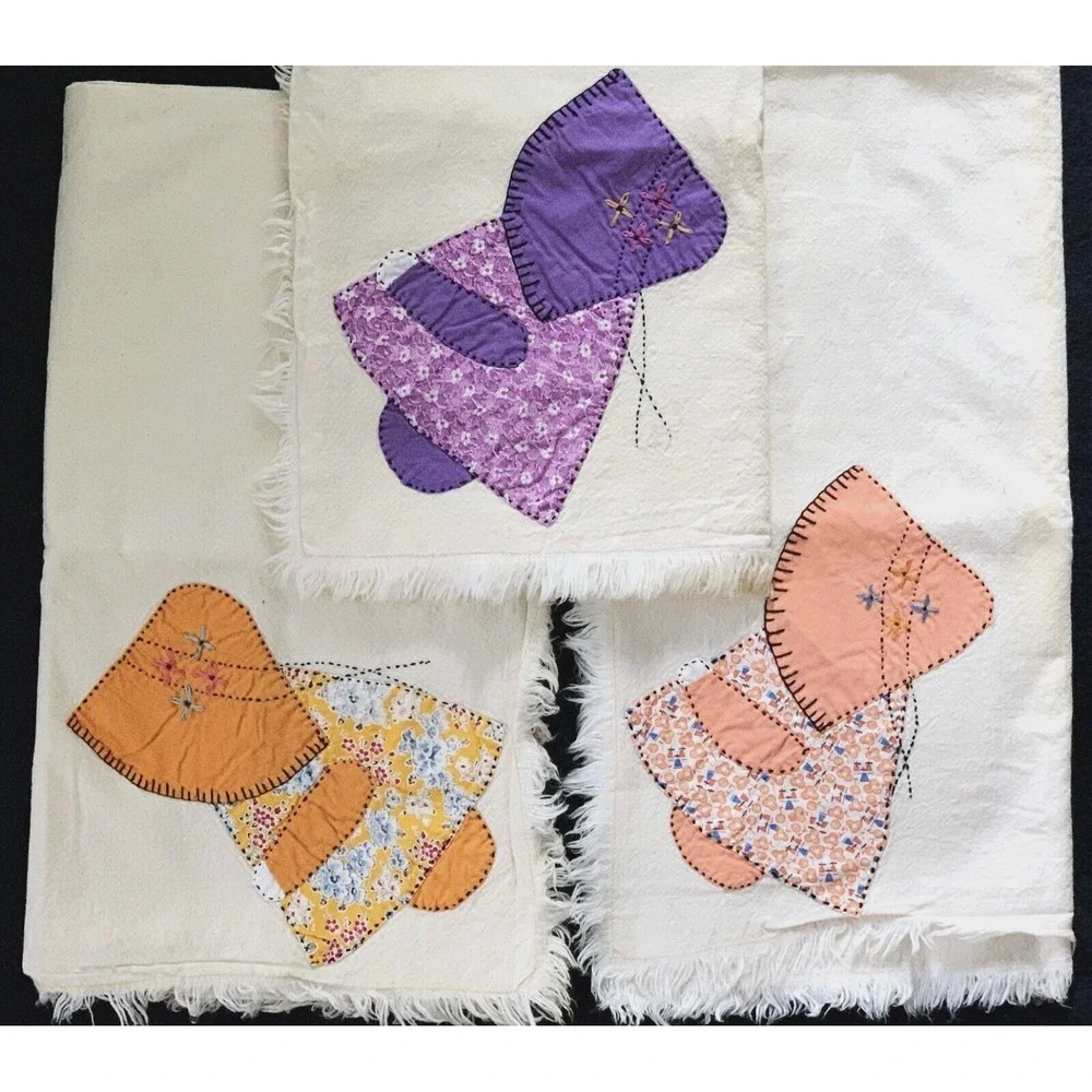 3 Flour Sack 1930's Cotton Tea Towels Sunbonnet Sue Embroidery & Appliqued 32